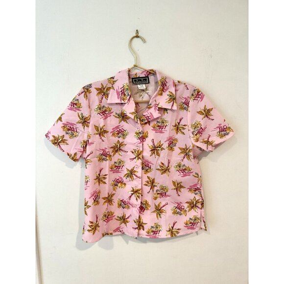 Vintage Pink Palm Tree Button Up Hawaiian Shirt Sz Medium USA NWT - Picture 1 of 7